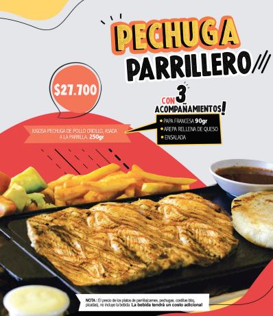 pechuga parrillero con 3 acompañamientos 