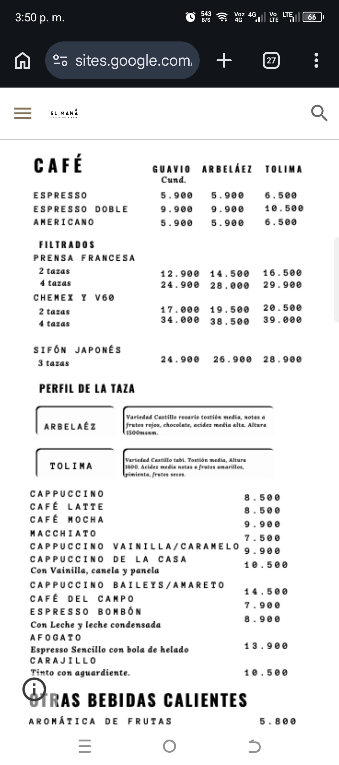 Menú El mana coofee and brunch querencia
