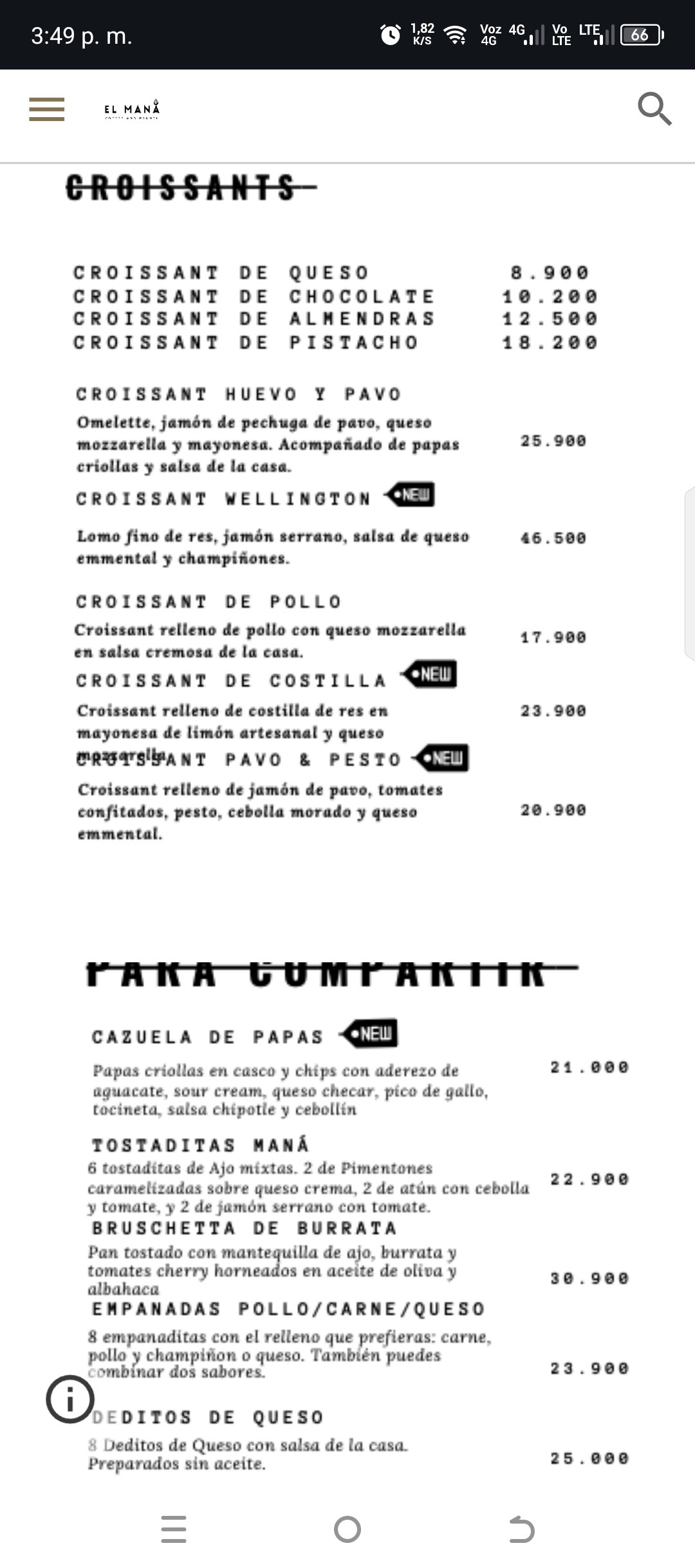 Menú El mana coofee and brunch querencia