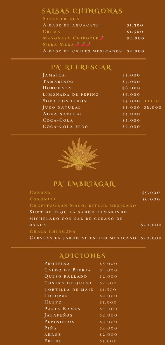 Menú La birria Chingona fusagasugá