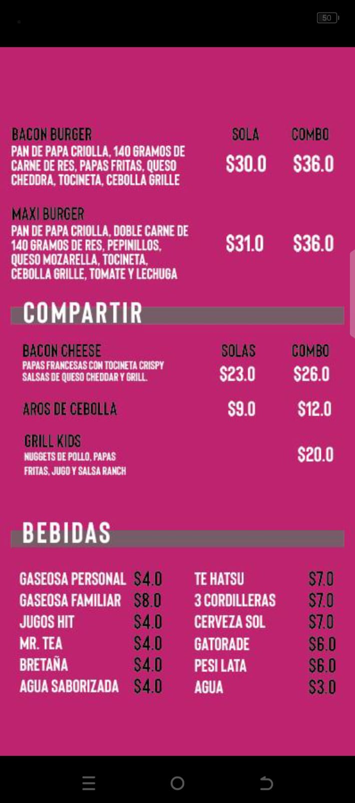 Menú Grill Wings cc jardín