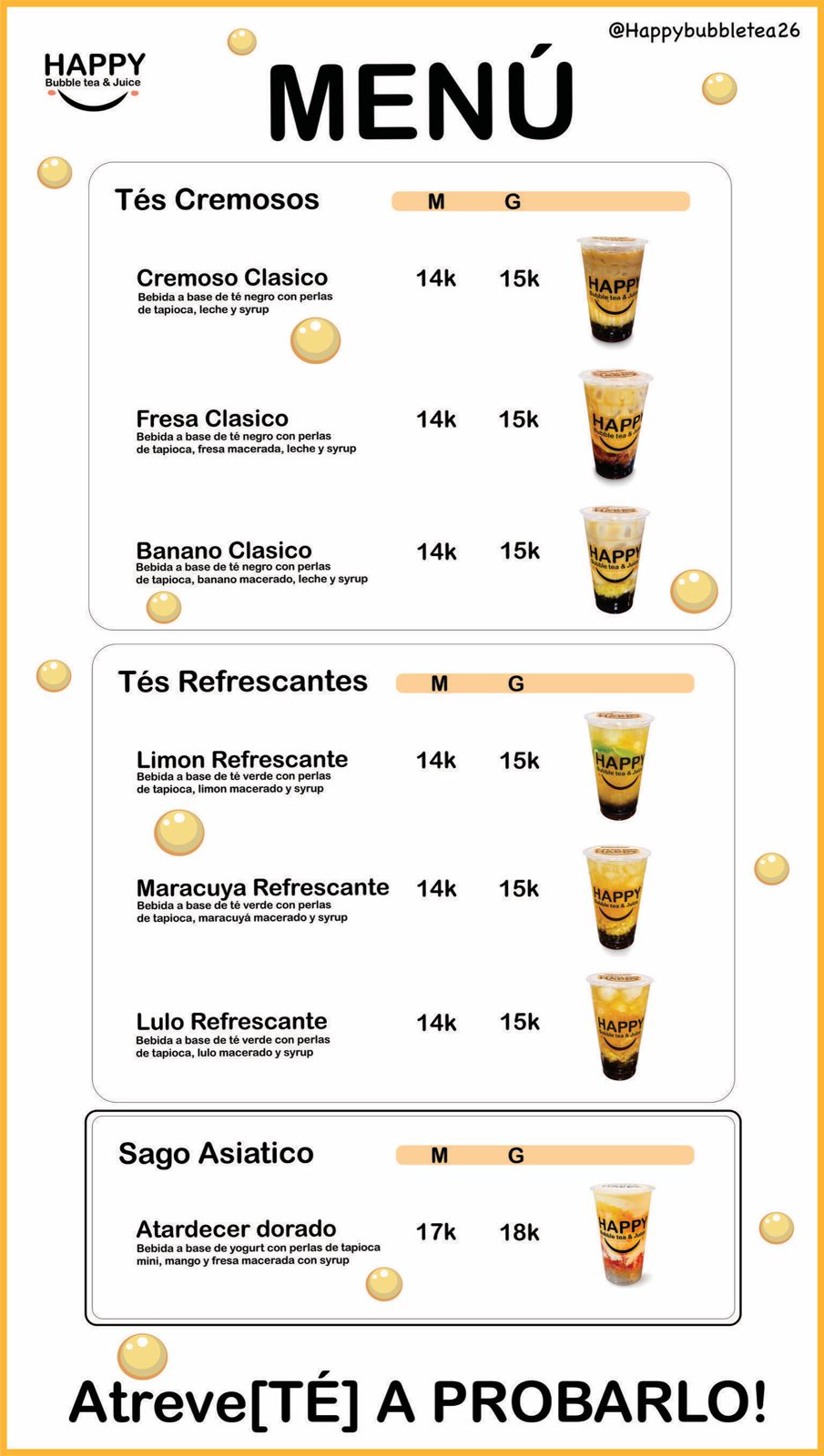 Menú Happy bubble tea & juice