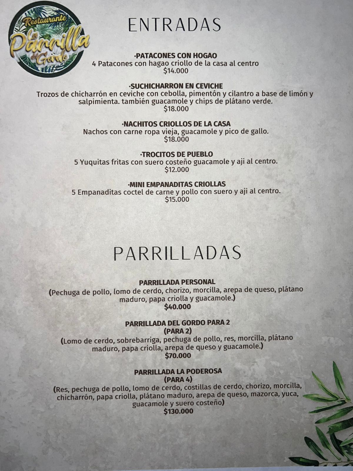 Menú La parrilla del gordo