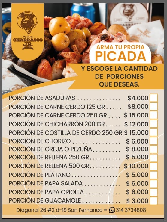 Menú Piqueteadero Charrasco JR