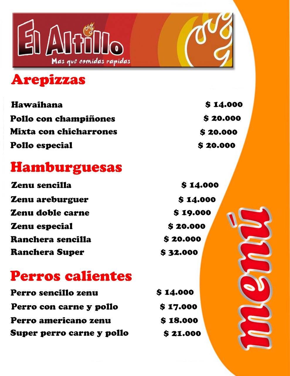 Menú El Altillo comida rápida
