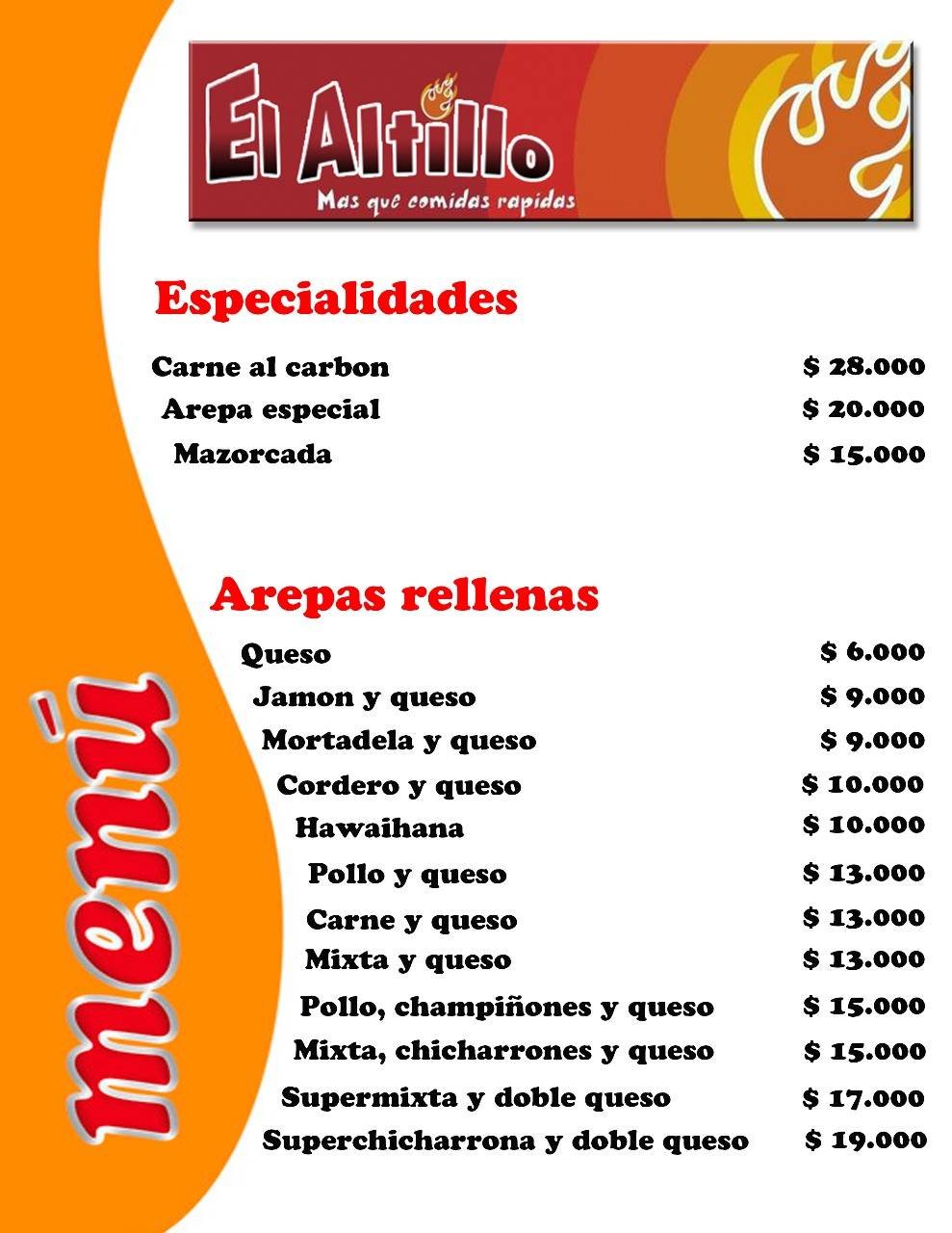 Menú El Altillo comida rápida