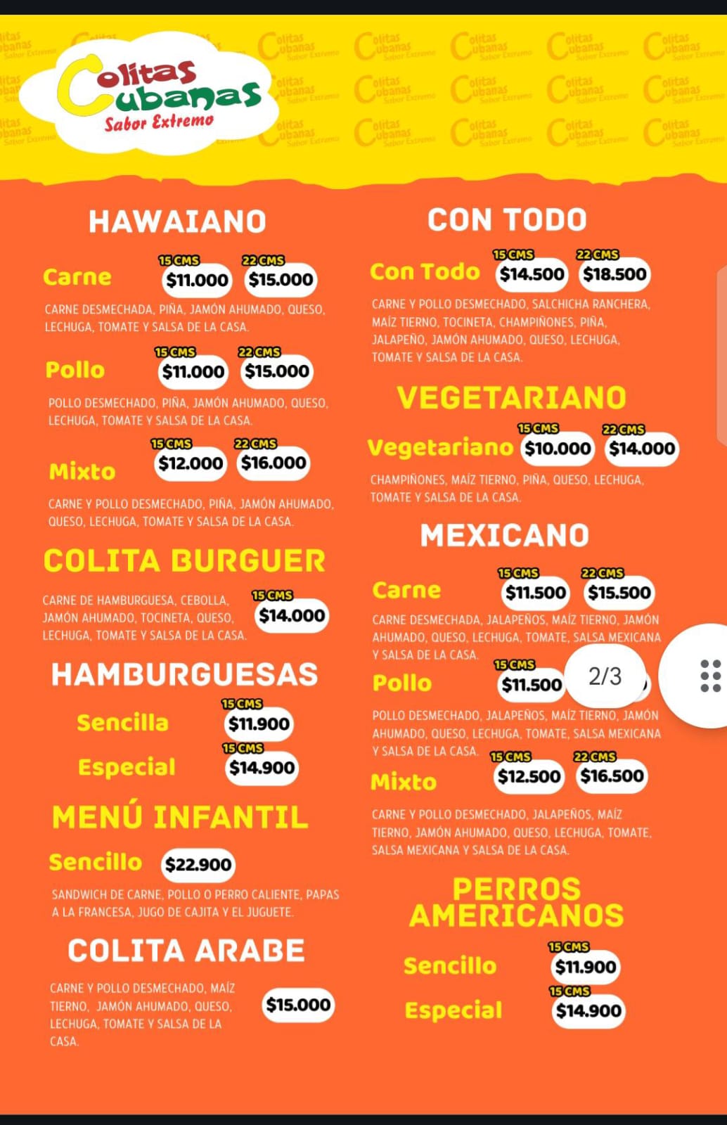 Menú Colitas cubanas